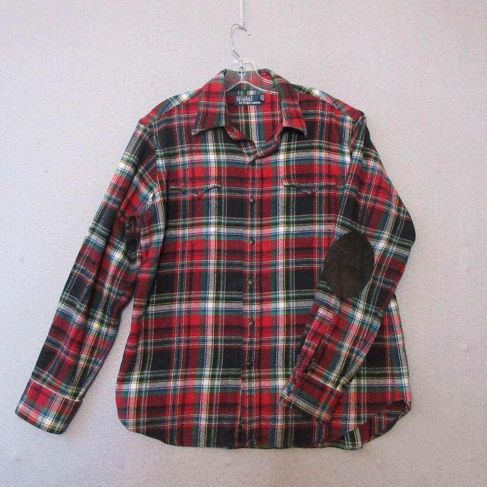 Polo by Ralph Lauren Shirt Men‎ Large Plaid Flannel Snap Button Elbow Patch READ